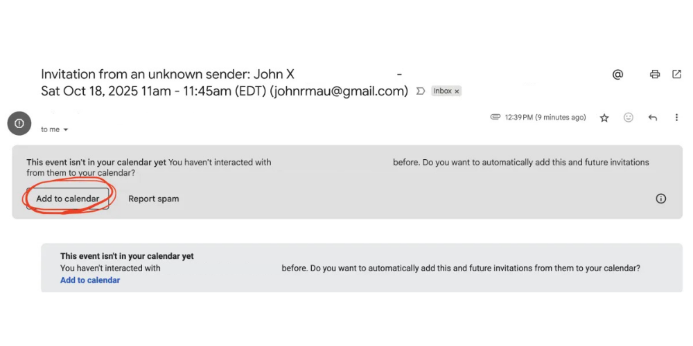 Gmail calendar invite showing Add to calendar button